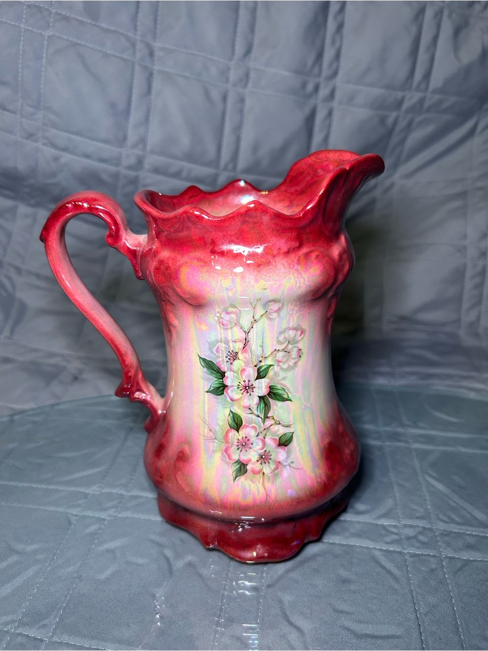Ornate Vintage Pink Floral Ceramic Pitcher/Vase - Elegant Home Art Accent